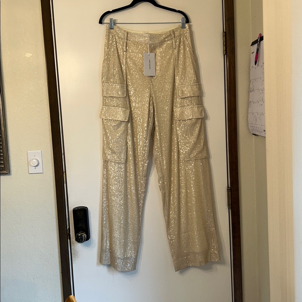 THE NOLI SHOP SEQUINED WIDE LEG CARGO PANTS PEARL COLOR NEW WITH TAGS SZ 10